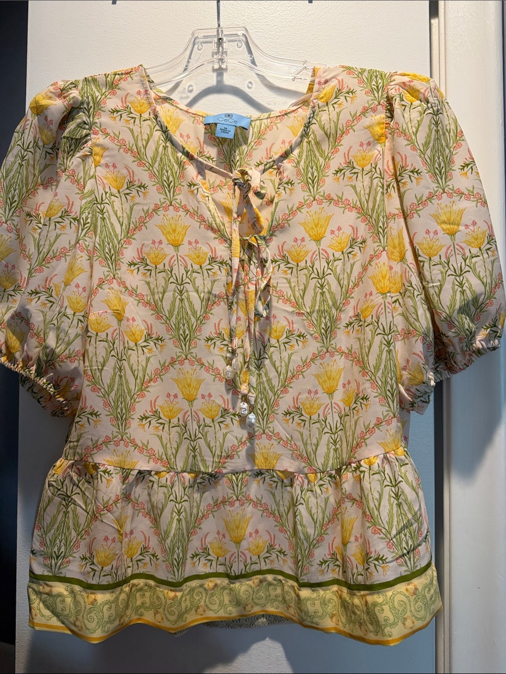 CeCe Yellow & Green Floral Tie-Front Peasant Blouse